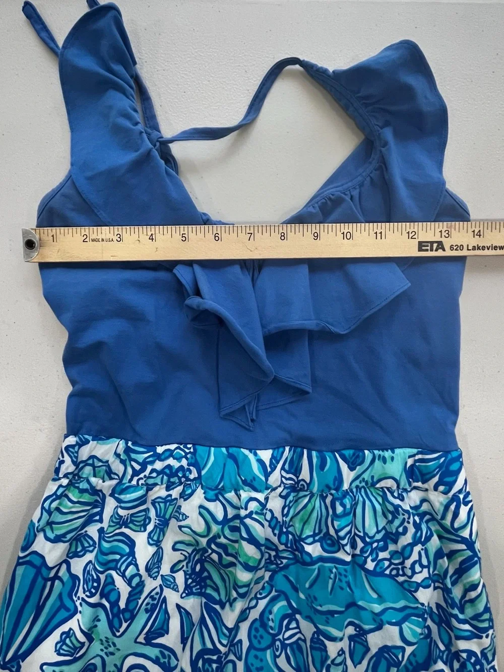 Lilly Pulitzer Blue Halter Ruffle Seashell Print Cotton Dress Size S